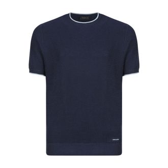 Prada Logo Embroidered T-Shirt - male - Prada - Round-neck Knitwear - Blue - L - Knitwear