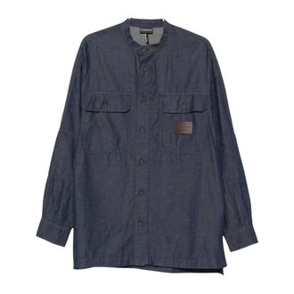 Emporio Armani Denim Shirts, male, Blue, Size: 2XL Camicia in chambray Collo alla coreana Tasche