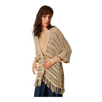 Twinset Cardigans, female, Beige, Size: ONE SIZE Openwork Knit Cardigan