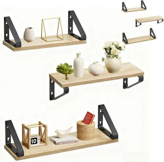 Relaxdays Relaxdays floating wall shelves, set of 6, 3 sizes 30/35/40 cm, wood-effect & metal, for books & d&eacute;cor, natural