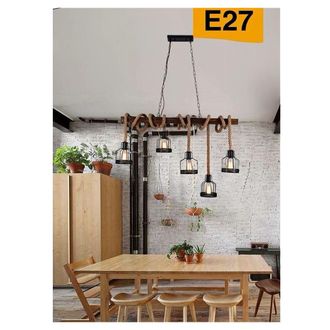 Trade Shop Trade Shop Traesio - Trade Shop - Lampadario A Sospensione 5 Portalampada Corda Lampada Vintage Country E27 A91-5
