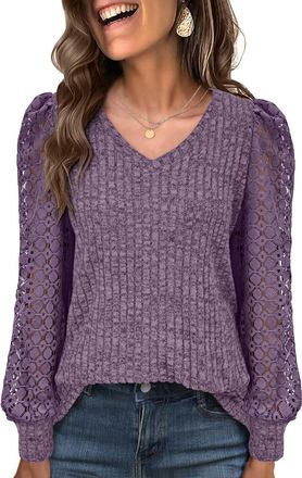 Generic Ladies Long Sleeve Vintage Lace Puff Sleeve Top - V-Neck Textured Knit Jumper Purple