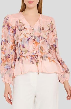 Tahari by ASL Floral Print Peplum Chiffon Top in Tea Rose Multi at Nordstrom, Size X-Large
