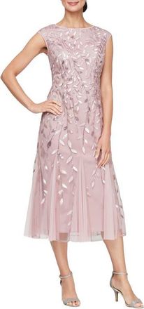 Alex Evenings Sequin Leaf Embroidery Cocktail Midi Dress in Rose at Nordstrom, Size 16P