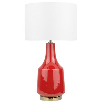 Beliani L&aacute;mpara De Mesa Mesita De Noche Base De Cer&aacute;mica Roja Pantalla Redonda De Tambor De Poli Algod&oacute;n Blanco Crema Triversa
