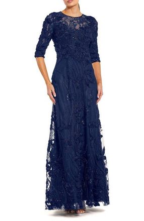 Mac Duggal Petite High Neck Embellished Lace Gown with 3/4 Sleeves in Navy at Nordstrom, Size 10P