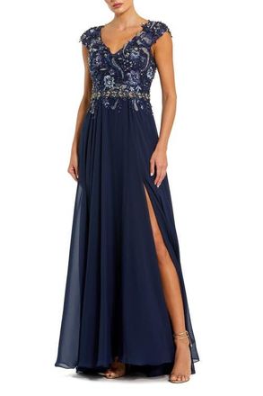 Mac Duggal Embellished Cap Sleeve Bodice Chiffon Gown in Midnight at Nordstrom, Size 12