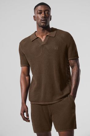 Alo | Open-Knit Polo Shorts Short Sleeves Top in Espresso, Size: Large