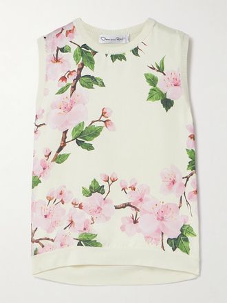 Oscar De La Renta Canotta In Twill Di Misto Seta Floreale Con Inserti In Maglia - Ecru