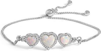 House of Brilliance 925 Sterling Silver Created Opal Triple Heart and White Sapphire Bolo Bracelet