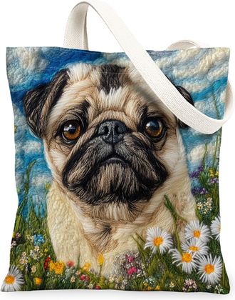 Generic Spring Pug Dog Canvas Tote Bag for Shopping 13x15, Knitting Style Garden Puppy Reusable Grocery Print Pattern Bag for Women, Fun Pet Beach Aesthetic P