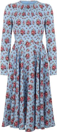 Dolce & Gabbana Gebloemde midi-jurk met lange mouwen - Dames - Casual kleedjes - Blauw - S - Leer - Kleedjes