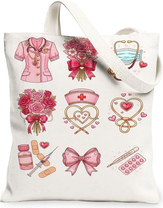 Generic Nurse Floral Canvas Tote Bags, Vintage Medical Pattern Reusable Grocery Bags, Spring Lightweight Washable Shoulder Strap Ca, White, 13x15 Inch