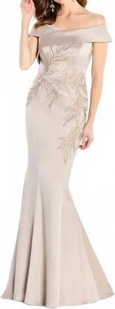 Montage by Mon Cheri Long Floral Fit Formal Evening Dress In Taupe