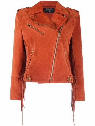 Balmain x Netflix fringed suede asymmetric-zip biker jacket - women - Polyester/Suede - 40 - Orange