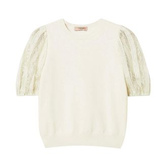 Twinset Round-neck Knitwear, female, Beige, Size: S Short knit dress with lace