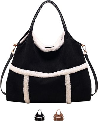Generic Women Suede Tote With Faux Lamb Wool Lined, Vintage Large Capacity Shoulder Bag, for Work and Travel (Black)