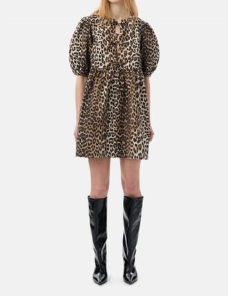 Ganni Printed Cotton Tie String Mini Dress In Leopard