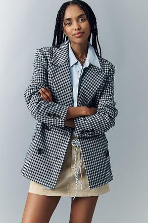 Avec Les Filles Double-Breasted Knit Plaid Blazer Jacket