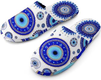 Generic Blue Greek Evil Eyes Mens Slippers Warm Non-Slip Houes Shose Spa Slipper for Home Bedroom
