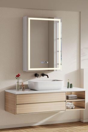 Living and Home Single-Door Bathroom Mirror Cabinet with LED Lighting and Clock in Silver