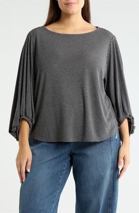 Wit & Wisdom Stripe Balloon Sleeve Knit Top in Heather Charcoal at Nordstrom, Size 3X