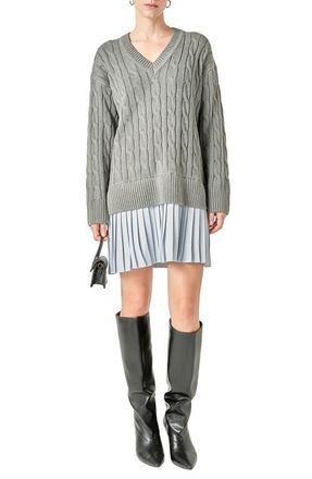 English Factory Long Sleeve Pleated Mixed Media Sweater Dress in Grey/Powder Blue at Nordstrom, Size X-Small