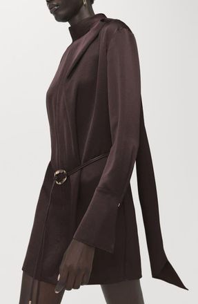 Mango Foulard Long Sleeve Satin Dress in Brown at Nordstrom, Size 10