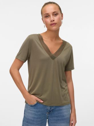 Vero Moda Kurzarmshirt VERO MODA VMSAVANNAH LACE 2-WAY SS TOP JRS, Damen, Gr. XS, gr&uuml;n (kalamata), Jersey, Obermaterial: 67% Viskose, 33% Polyester, unifarben, 
