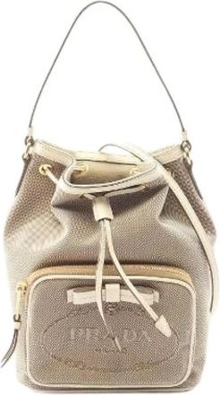Prada Pre-owned Bucket Bags, female, Beige, Size: ONE SIZE Pre-owned Logo Jacquard Canvas Leather Handbag