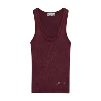 Ganni Sleeveless Tops, female, Red, Size: XL Bordeaux Ribbed Tank Top