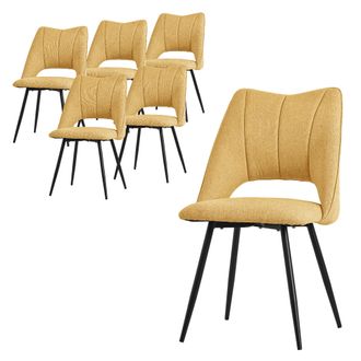 ML Design Ml-design - Set 6x Sillas De Comedor Amarillo Mostaza Con Respaldo Asiento De Poli&eacute;ster Tapizado Con Patas De Metal Negro Sill&oacute;nes Ergon&oacute;micos De Dise