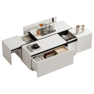 STILVORA Mesa De Centro Cuadrada Con 4 Cajones Y Tablero Deslizante, Blanco Brillo, Estilo Moderno, En Tablero De Part&iacute;culas, 100&times;60&times;40 Cm, Blanco