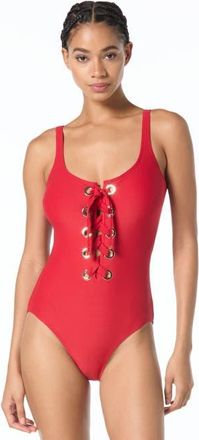 Michael Kors Grommet Solids Lace Up One-Piece Swimsuit in Red at Nordstrom, Size 16