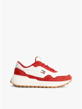 Tommy Hilfiger Womens Tommy Jeans Suede Mix Runner Sneaker - Ivory/Arizona Red - US 6.5 / EU 37
