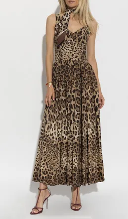 Dolce & Gabbana Cotton Dress With Animal Print, Womens, Brown