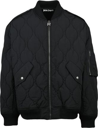 Palm Angels Monogram Quilted Black Bomber Jacket With Zip Closure