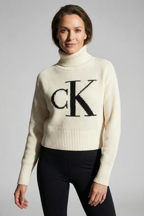Calvin Klein Jeans Strickpullover CALVIN KLEIN JEANS, Damen, Gr. XXL (46), ivory, Rippstrick, Obermaterial: 100% Baumwolle, unifarben, loose fit taillenlang, hoch geschl