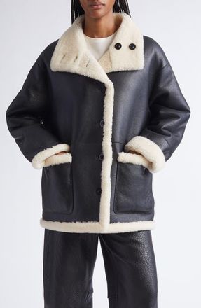 Stand Studio Heather Reversible Genuine Shearling Coat in Black/Off White at Nordstrom, Size 2 Us