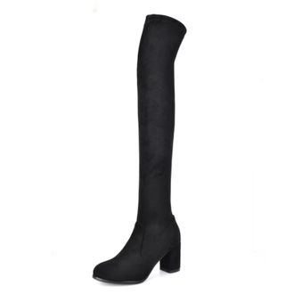 Generic Womens Over-The-Knee Boots Suede-Like Fabric Leopard Print Round Toe Block Heels Stretch Fit Slip On Stylish Durable Design,Black,5.5 UK