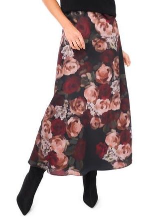 Halogen Floral Charmeuse Midi Skirt in Rich Black at Nordstrom Rack, Size Small