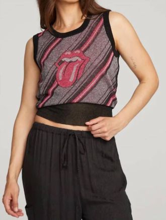 Chaser Rolling Stones Tongue Stripes Top In Red Diagonal Stripe