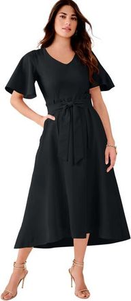 Roaman's Plus Size Flutter Sleeve V Neck Fit And Flare Bi Stretch Maxi Dress in Black at Nordstrom, Size 34