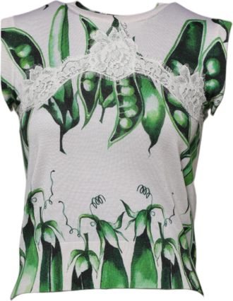 Dolce & Gabbana Womens White Green Pea Print Sleeveless Blouse Top Viscose Silk Cotton Nylon