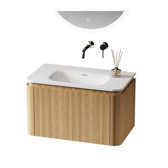 Saniclass Terra Badkamermeubelset - 80cm - 2 lades - solid surface wastafel - 1 wasbak - zonder kraangaten - afgeronde hoeken - sandwood (Licht eiken)
