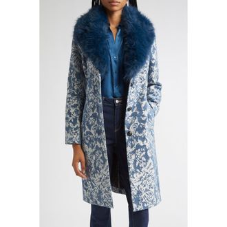 L'agence Laney Metallic Faux Fur Collar Coat in Dark Blue Stone Jacquard at Nordstrom, Size 2