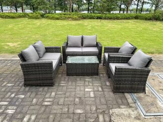 Fimous 6 Seater Dark Grey Mixed High Back Rattan Sofa Set rectangular Coffee Table Garden Furniture Outdoor Patio
