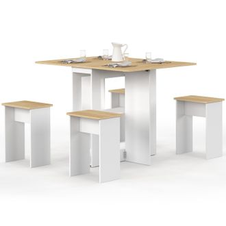 IDMarket Edi Consolle Pieghevole Per 2-4 Persone In Legno Bianco Con Piano In Faggio E 4 Sgabelli