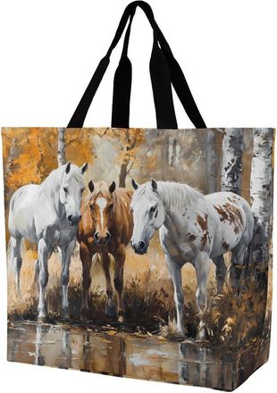 Generic Horses in Forest Painting Tote Bag Reusable Grocery Shopping Bags Large Travel One Shoulder Handbag for Picnic Work