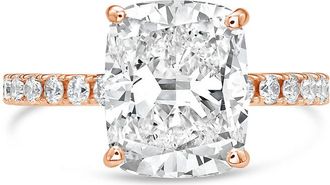 Diana M. Jewels 18kt rose gold lab grown cushion cut with round on sides engagement ring featuring 3 ct center and 0.50 cts on the sides